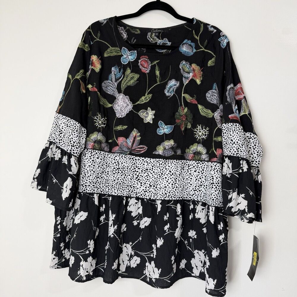 Calessa Black Multicolor Floral Embroidery Shirt Top NWT Women’s 1X